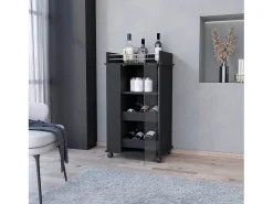 TUHOME Carrinho de Bar Lusk com Prateleira para 2 Garrafas, Porta de Vidro e Rodas Giratórias, Preto
