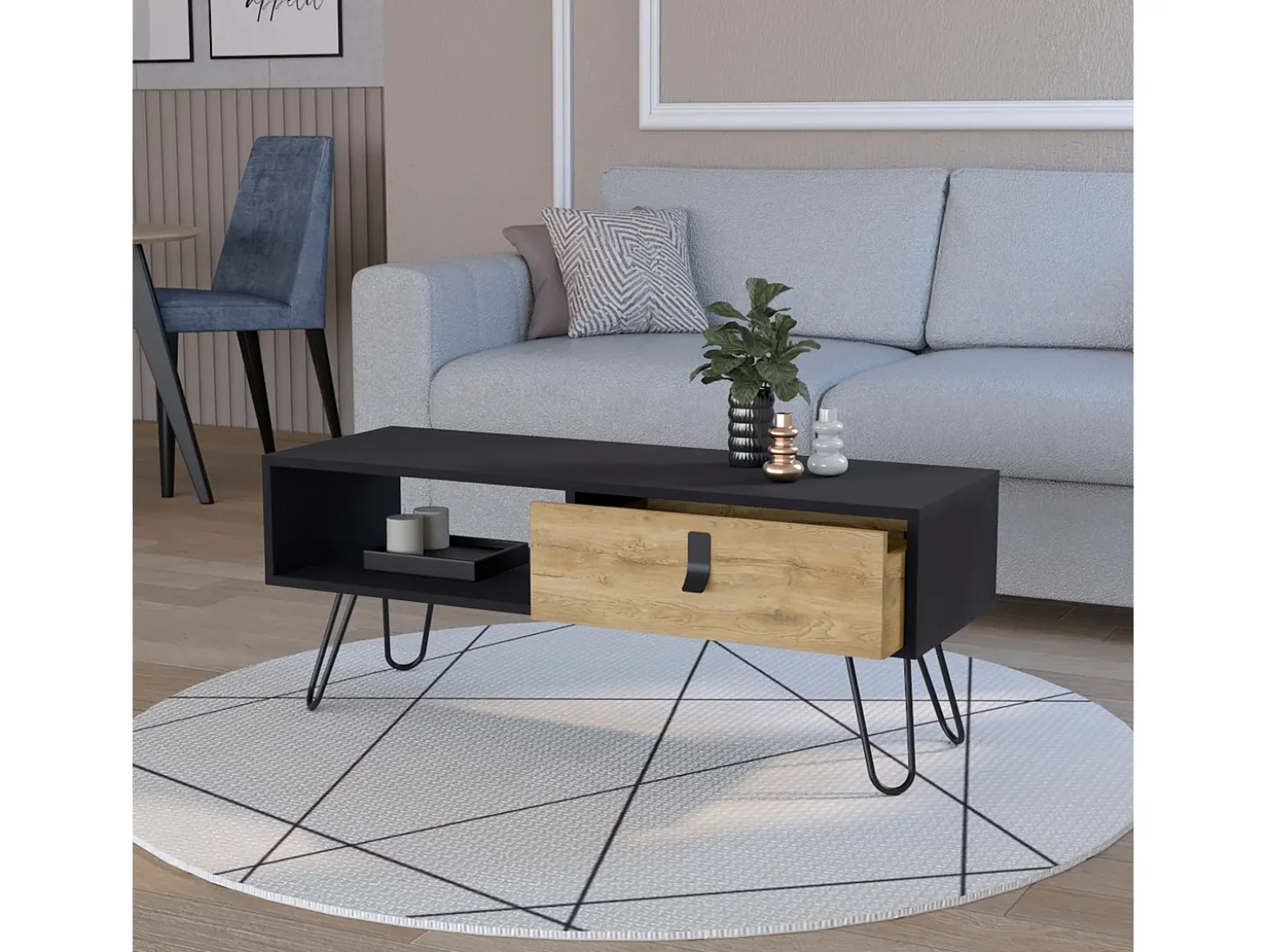 TUHOME Mesa de Centro Kimball com Gaveta e Pés Hairpin, Preto / Macadâmia