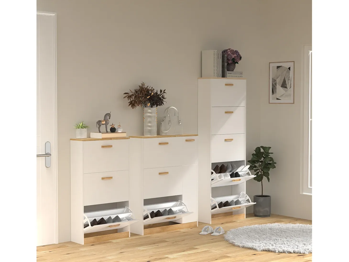 VCM Madeira Prateleira Kipper Sapato Prateleira Sapato Sapato Tipper 3 Flaps 1 Turning Door Halom L (Branco)