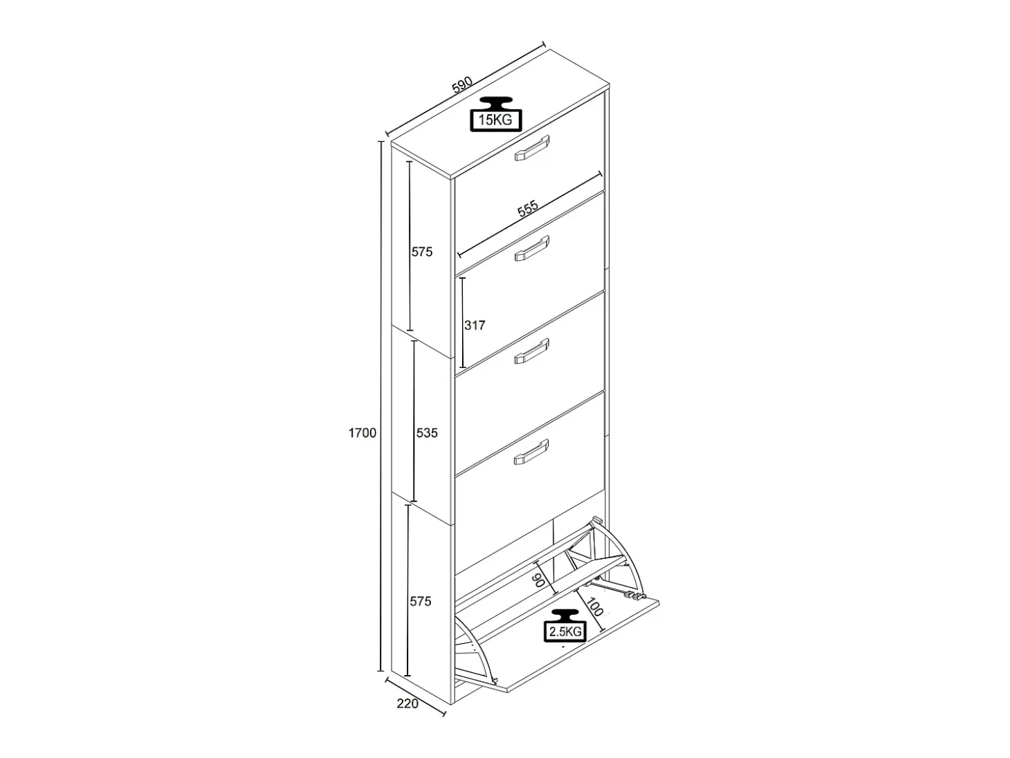 VCM Madeira Prateleira Kipper Sapato Prateleira Sapato Sapato Tipper 5 Flaps Halom XL (Antracite)