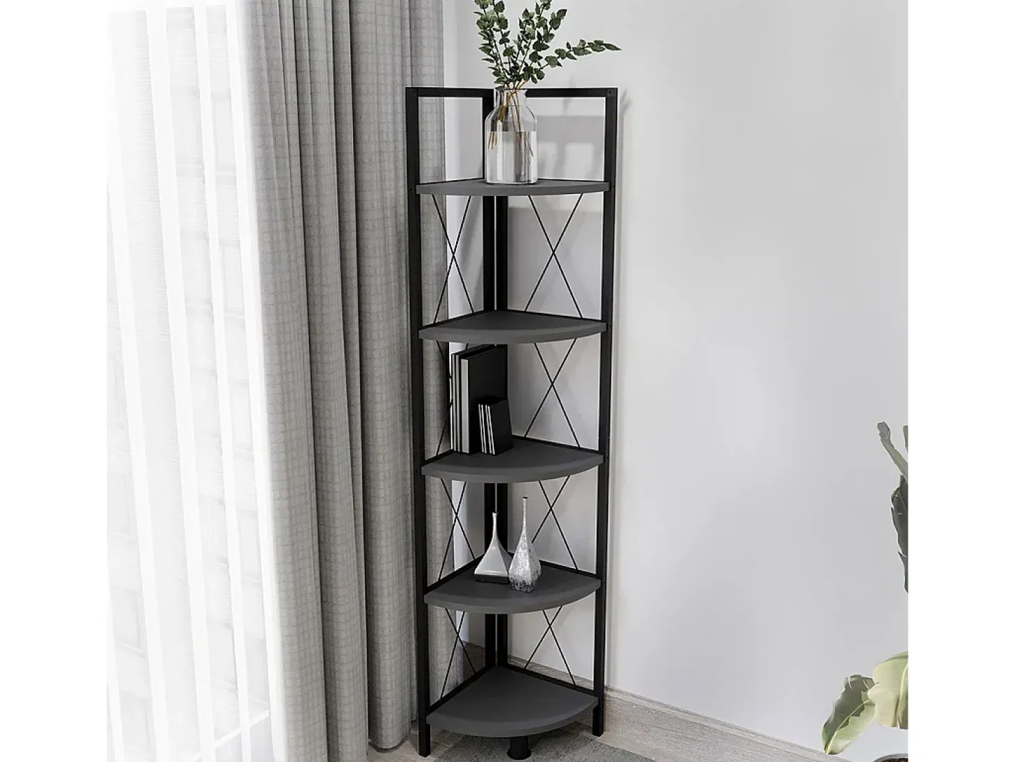 VCM Wood Metal Corner Shelf Storage Stand Shelf Bookshelf Decoração Livros Stand Shelf Insasi 5 (Anthracite)