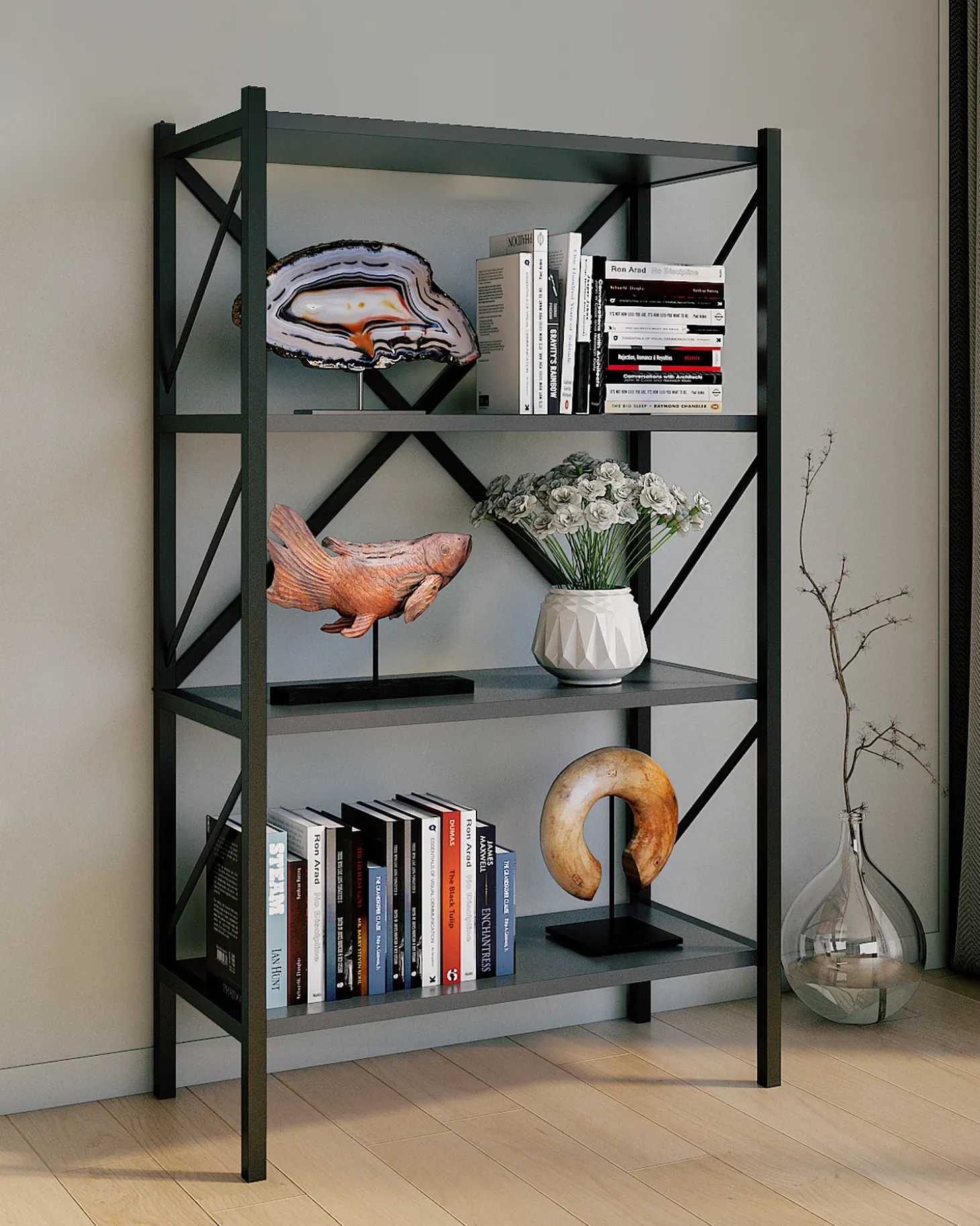 VCM Wood Metal Storage Stand Shelf Bookshelf Decoração Livros Stand Shelf Insasi 4 (Anthracite)