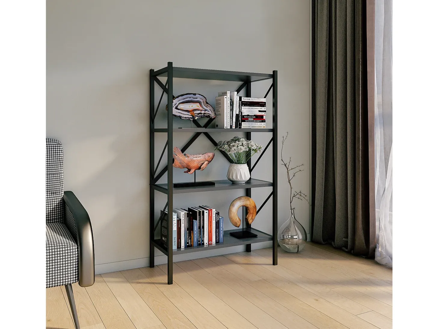 VCM Wood Metal Storage Stand Shelf Bookshelf Decoração Livros Stand Shelf Insasi 4 (Anthracite)