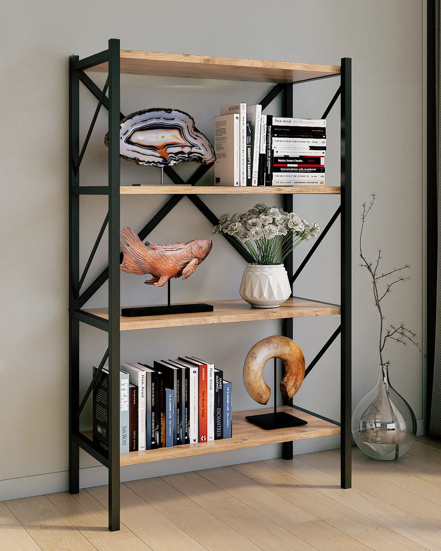 VCM Wood Metal Storage Stand Shelf Bookshelf Decoração Livros Stand Shelf Insasi 4 (Honey Oak)
