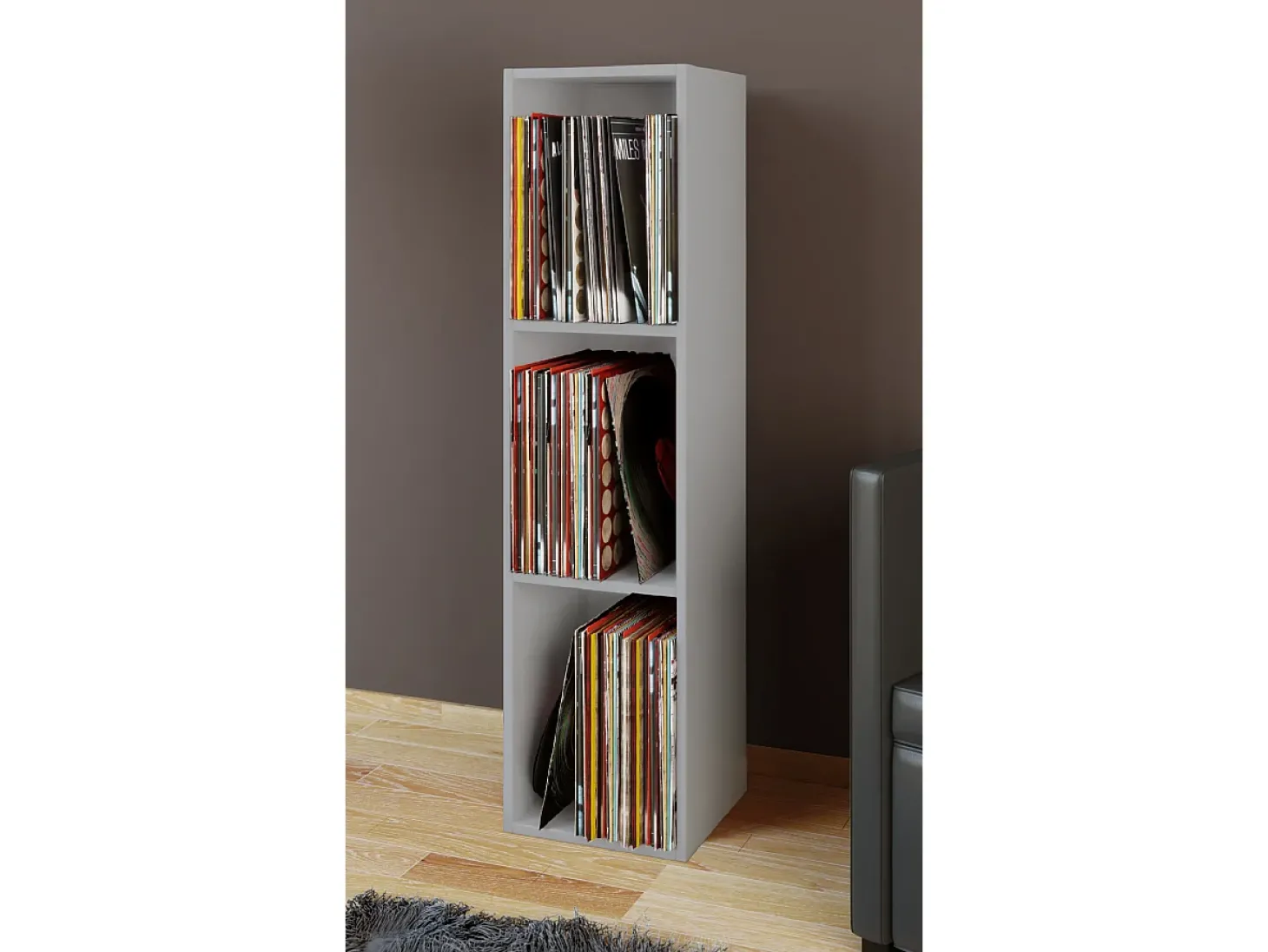 VCM Wood Records Shelf | Stand Shelf com 3 compartimentos para 100 Registros | Dimensões: A. 107 x L. 34 x P. 30 cm - Platto (Cinza)