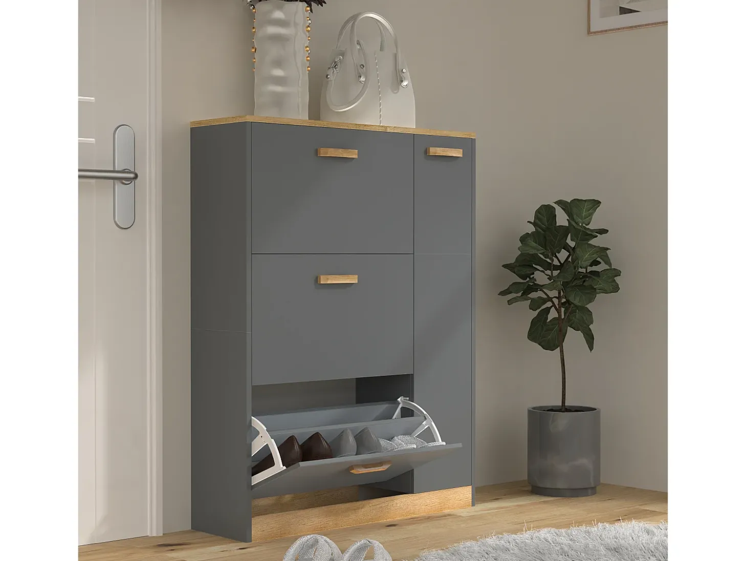 VCM Wood Shelf Kipper Sapato Sapato Sapato Sapato Tipper 3 Flaps 1 Turning Door Halom L (Anthracite)