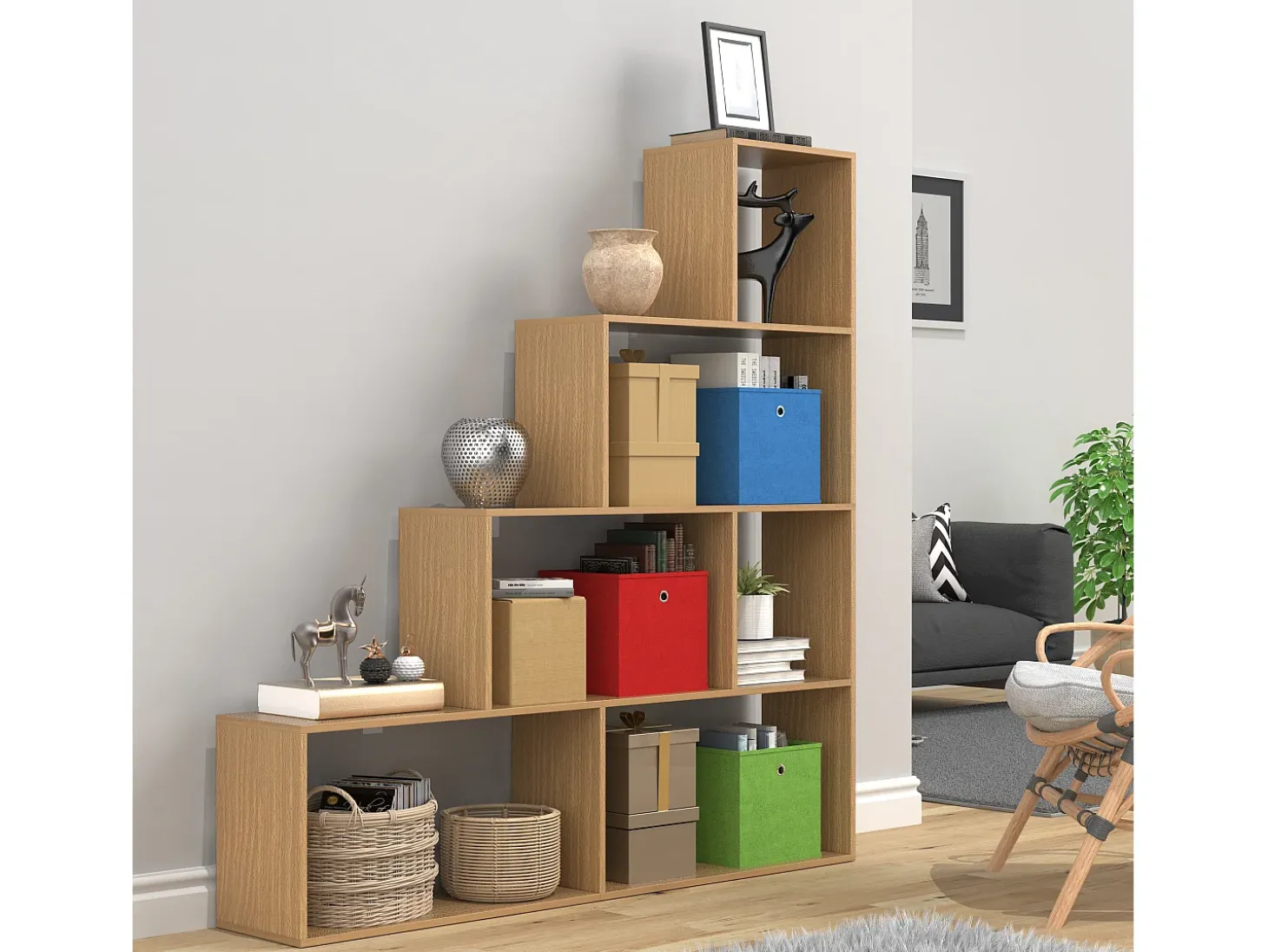 VCM Wood Stand Stair Shelf Stepped Shelf Shelf Room Divider Bookshelf Dubila L (Beech)