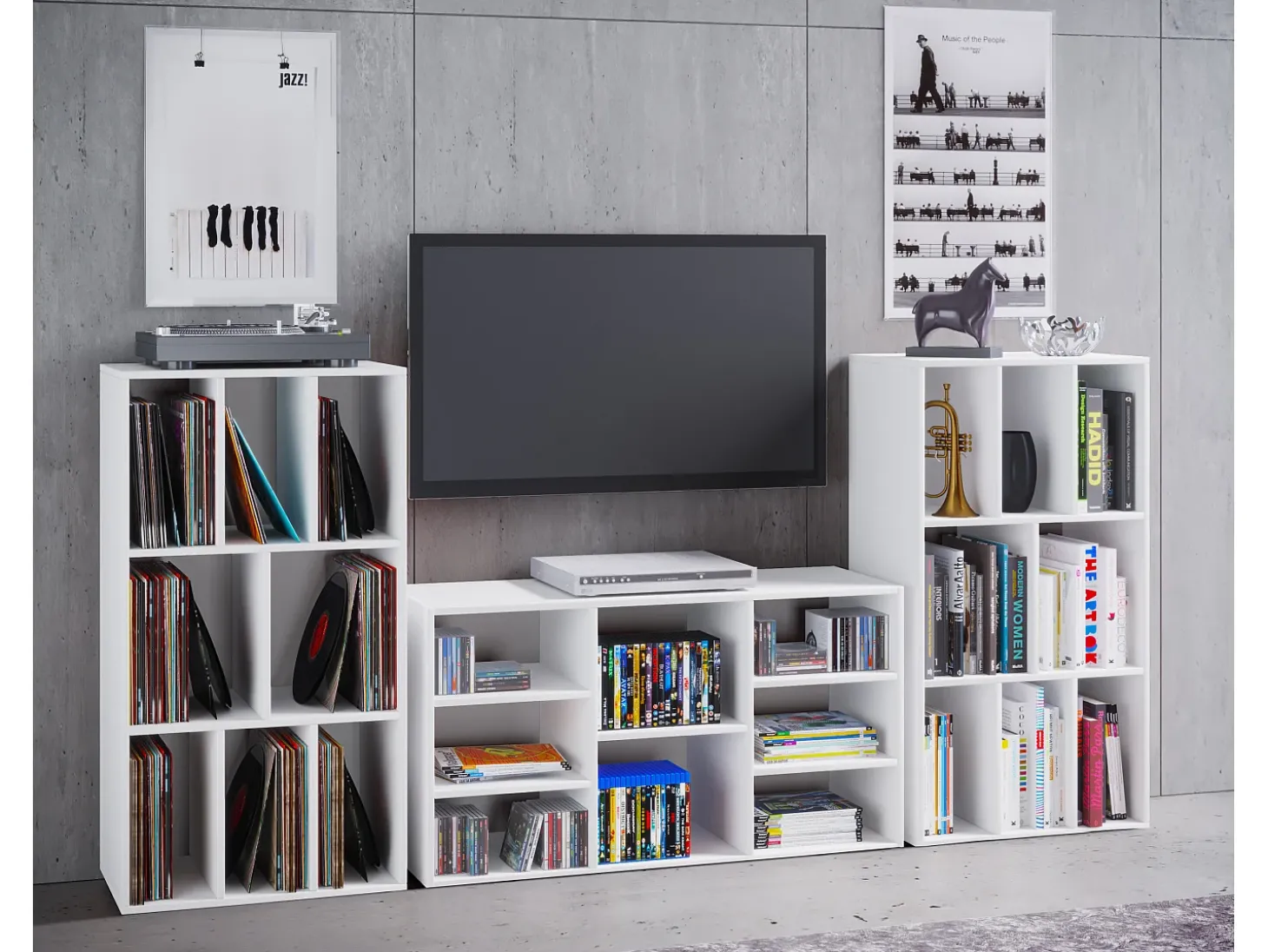 VCM Wooden Record Shelf | Divisor de Sala | Dimensões A. 120 x L. 60 x P. 40 cm | Prateleira de Mídia - Schalino (Branco)