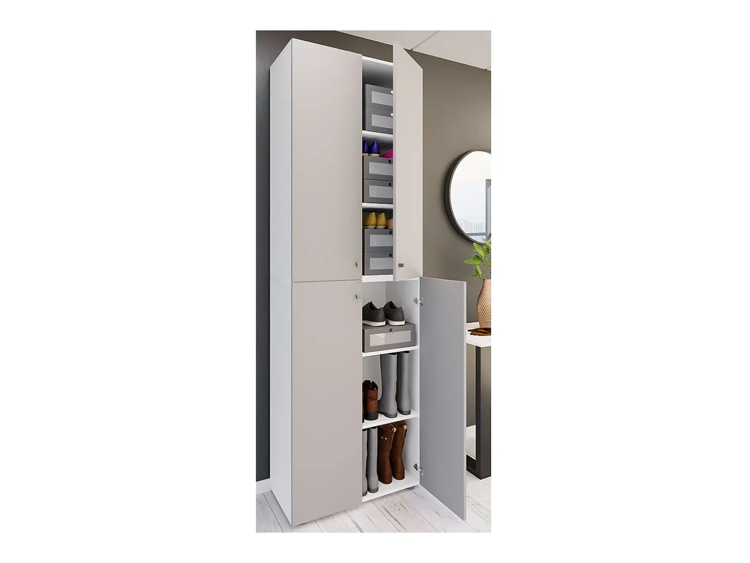 VCM XL Madeira Grande Sapato Gabinete Prateleira Botas Grandes BoardFurniture Lona 6 Compartments Turning Doors (Branco / Cinza)