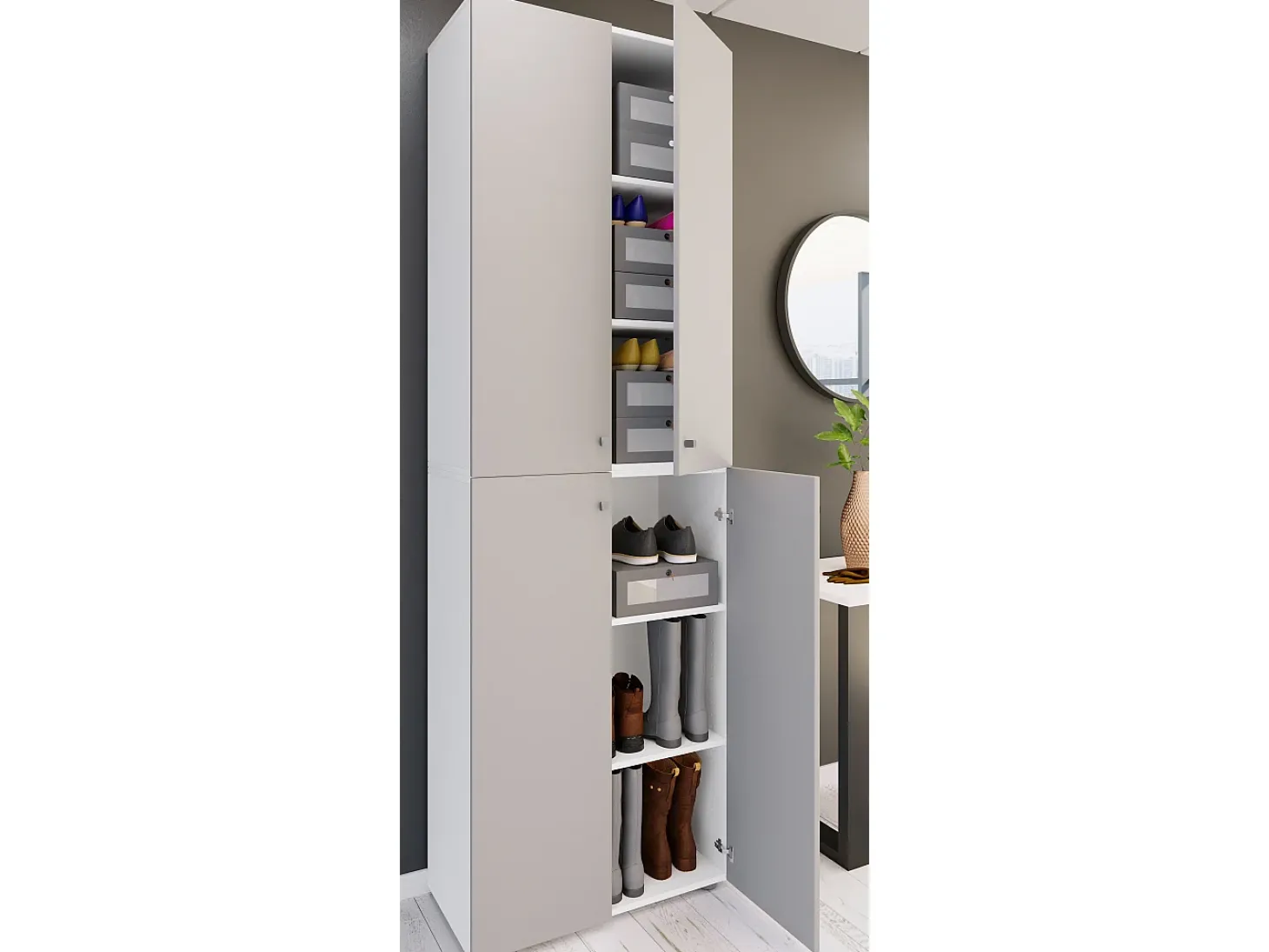 VCM XL Madeira Grande Sapato Gabinete Prateleira Botas Grandes BoardFurniture Lona 6 Compartments Turning Doors (Branco / Cinza)