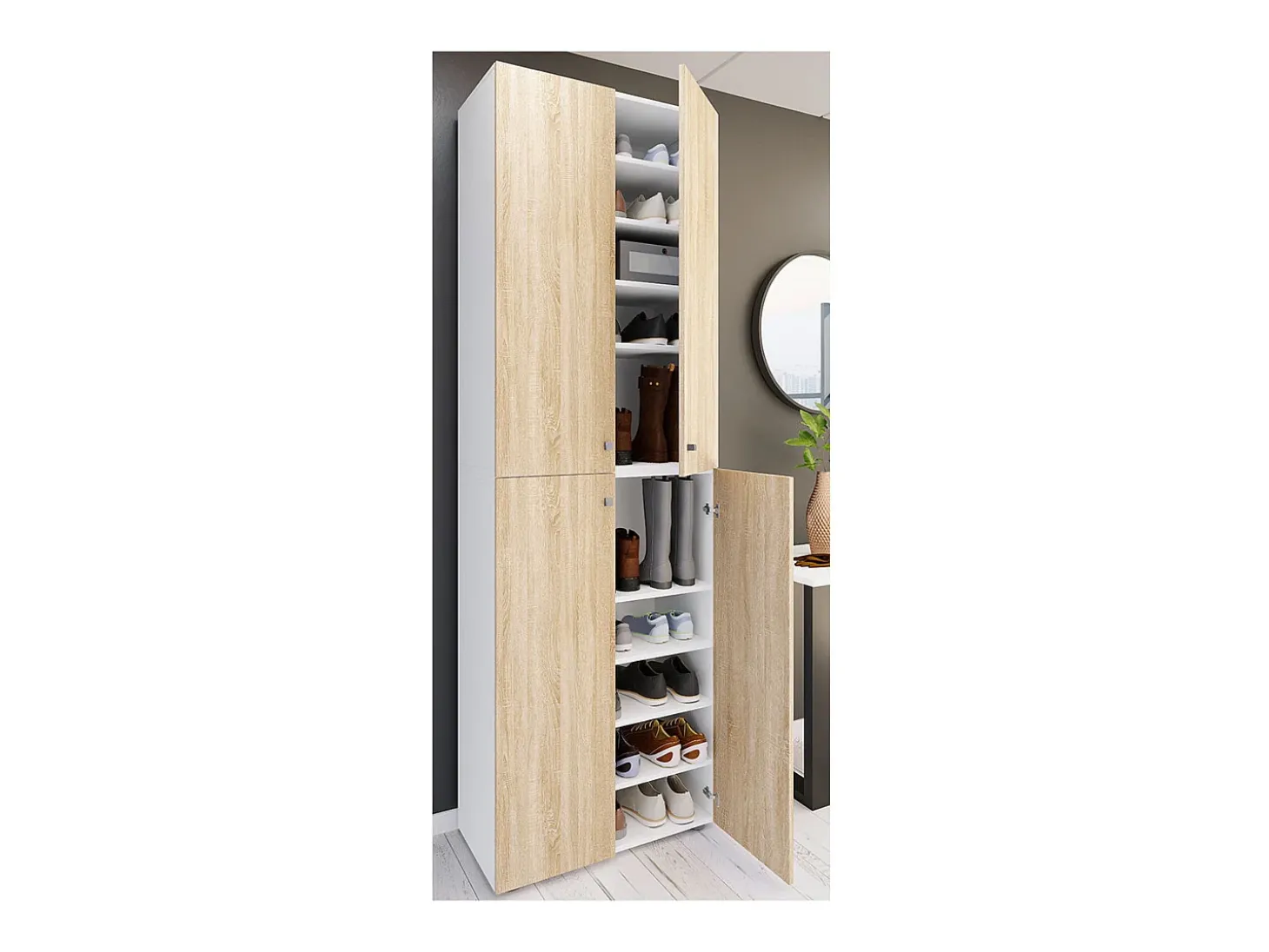VCM XL Madeira Grande Sapato Gabinete Prateleira Grande Boots Boardcase Mobiliário Lona 10 Compartimentos Turning Doors (Branco / Sonoma Oak)