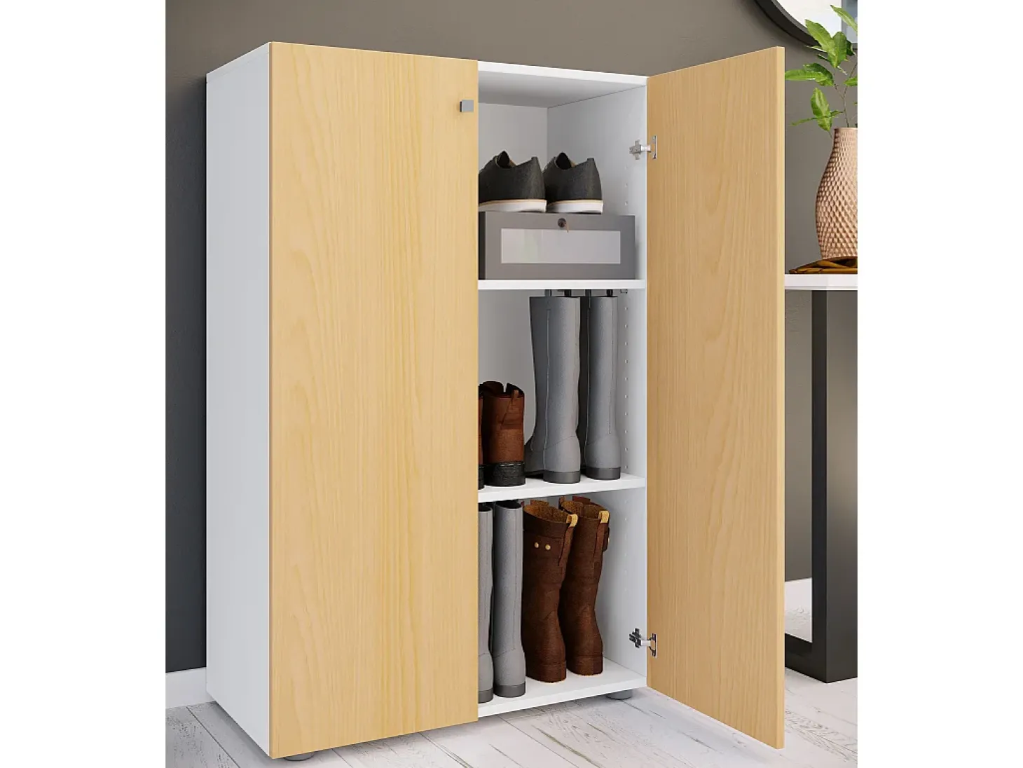 VCM XL Madeira Grande Sapato Armário Sapato Rack Botas Grandes Mobiliário de Piso Lona 3 Compartimentos (Branco / Faia)