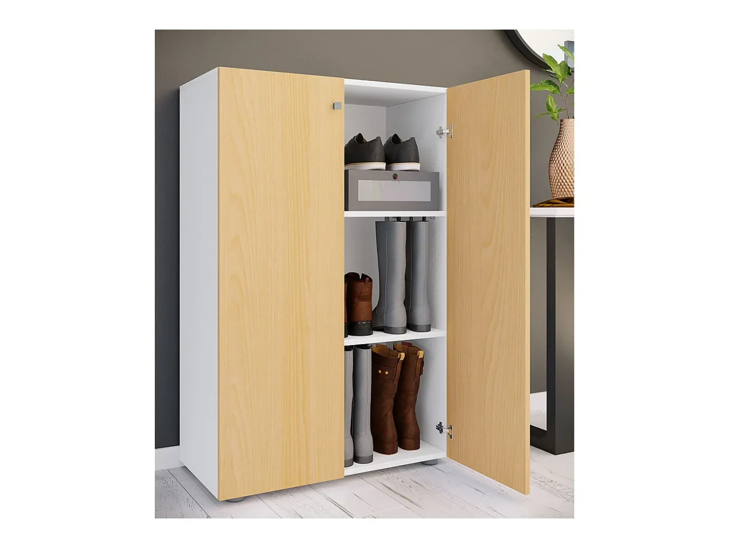 VCM XL Madeira Grande Sapato Armário Sapato Rack Botas Grandes Mobiliário de Piso Lona 3 Compartimentos (Branco / Faia)