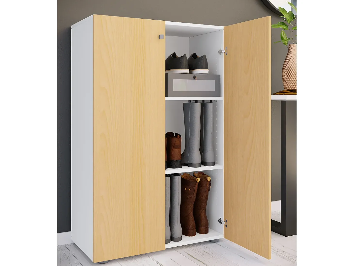 VCM XL Madeira Grande Sapato Armário Sapato Rack Botas Grandes Mobiliário de Piso Lona 3 Compartimentos (Branco / Faia)