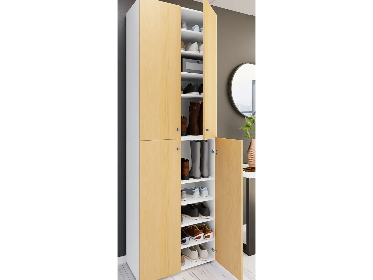 VCM XL Madeira Grande Sapato Gabinete Prateleira Grande Botas Boardcase Mobiliário Lona 10 Compartimentos Turning Doors (Branco / Faia)