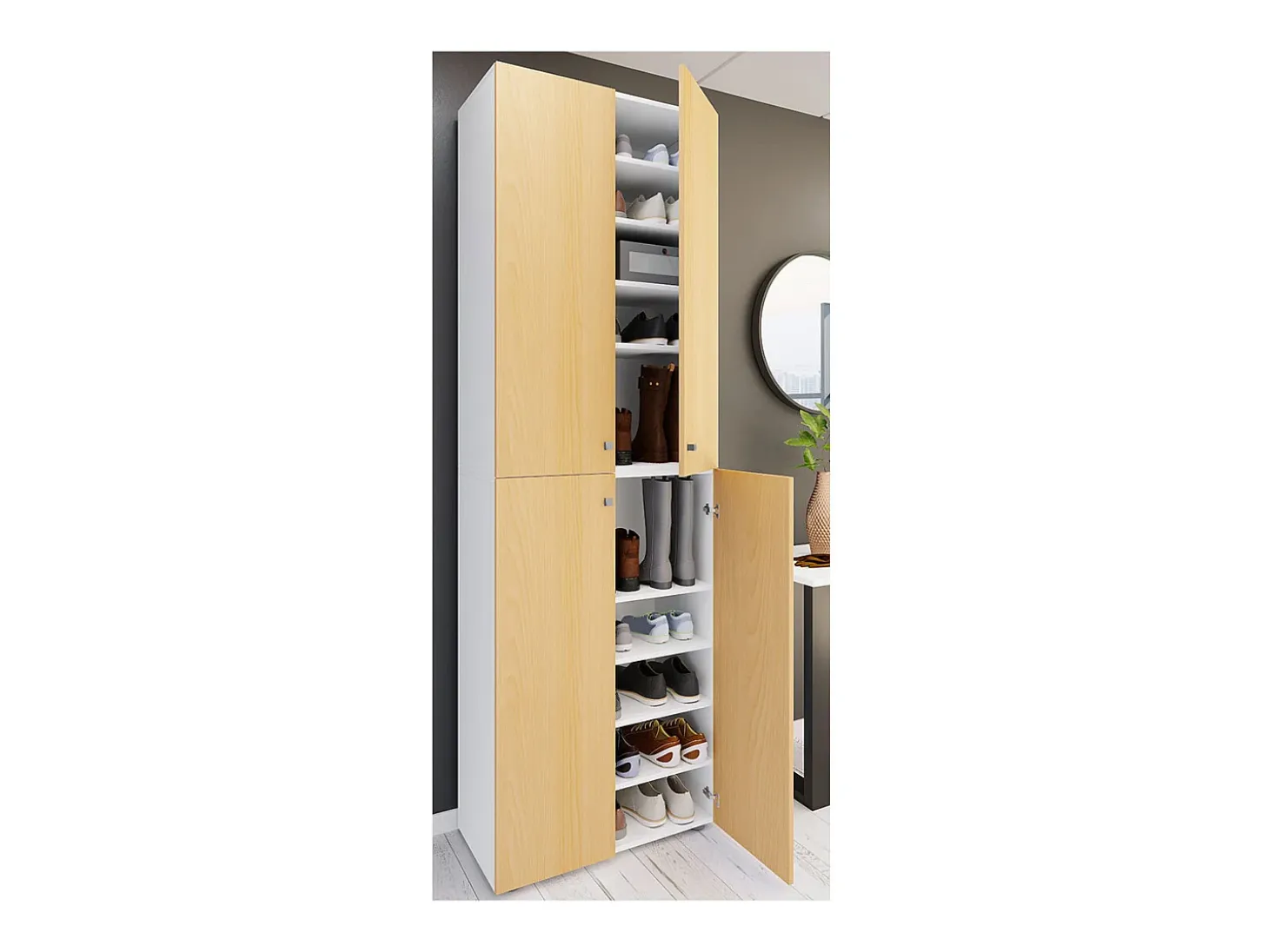 VCM XL Madeira Grande Sapato Gabinete Prateleira Grande Botas Boardcase Mobiliário Lona 10 Compartimentos Turning Doors (Branco / Faia)