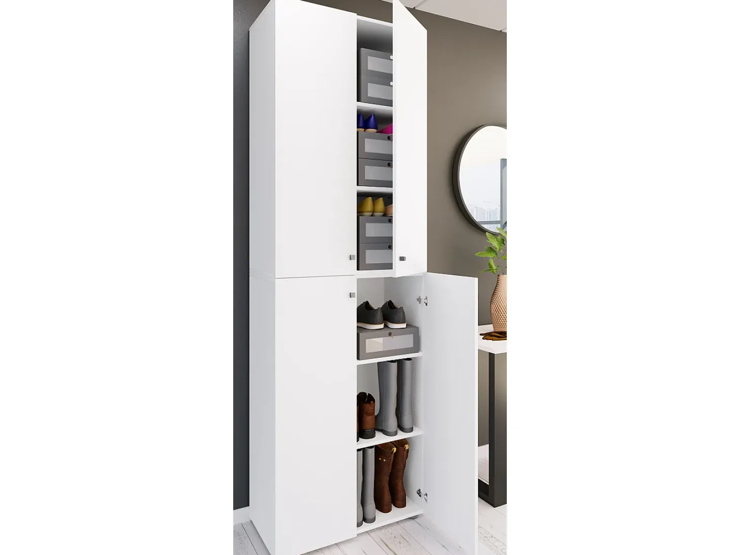 VCM XL Madeira Grande Sapato Armário Sapato Rack Botas Grandes Mobiliário de Piso Lona 6 Compartimentos Turning Doors (Branco)