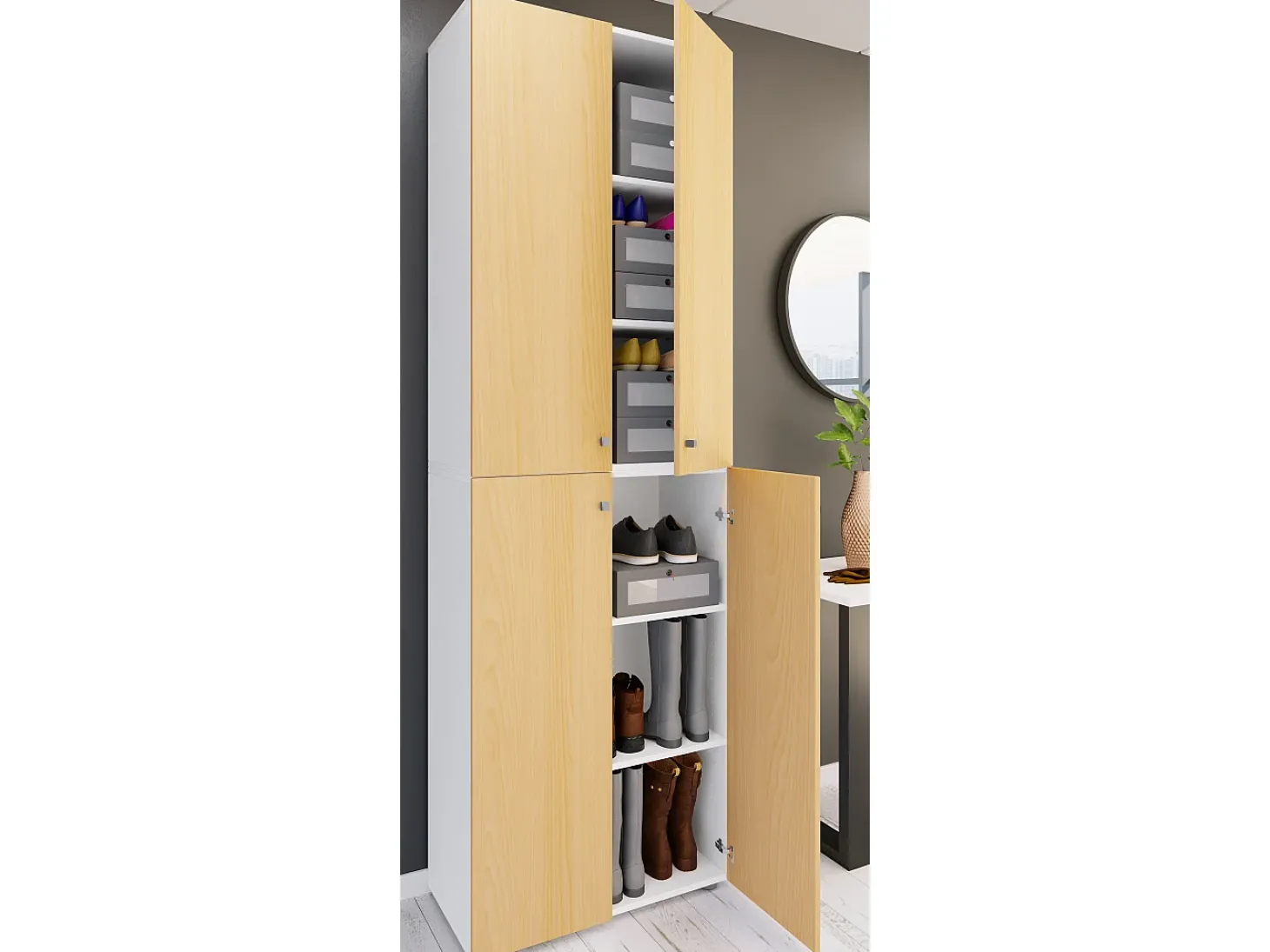 VCM XL Madeira Grande Sapato Gabinete Prateleira Botas Grandes BoardFurniture Lona 6 Compartments Turning Doors (White / Beech)