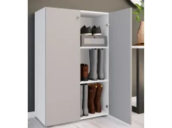 VCM XL Madeira Grande Sapato Gabinete Prateleira Grandes Botas Móveis de Piso Lona 3 Compartimentos (Branco / Cinza)