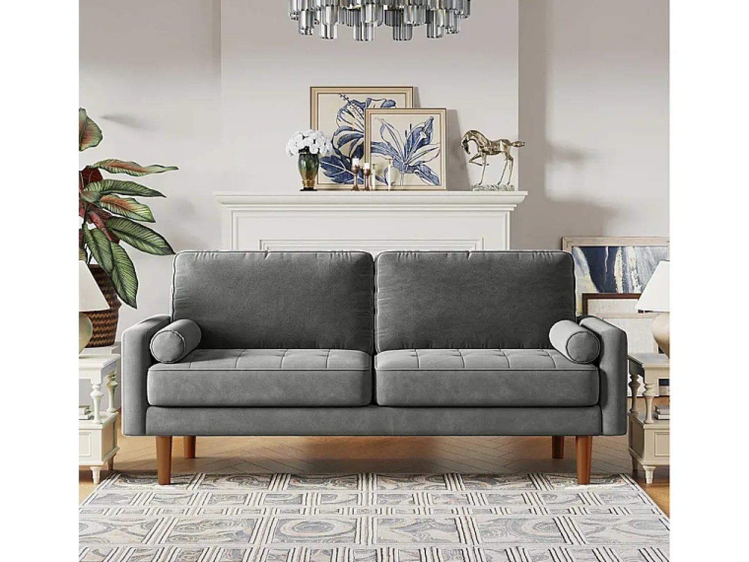 Veludo cinza e sofá de veludo de madeira maciça - 3 lugares - carga máxima 300kg - 176x78x85cm