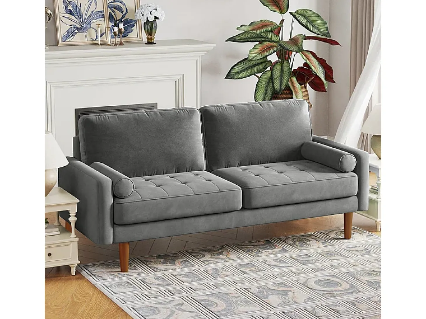 Veludo cinza e sofá de veludo de madeira maciça - 3 lugares - carga máxima 300kg - 176x78x85cm