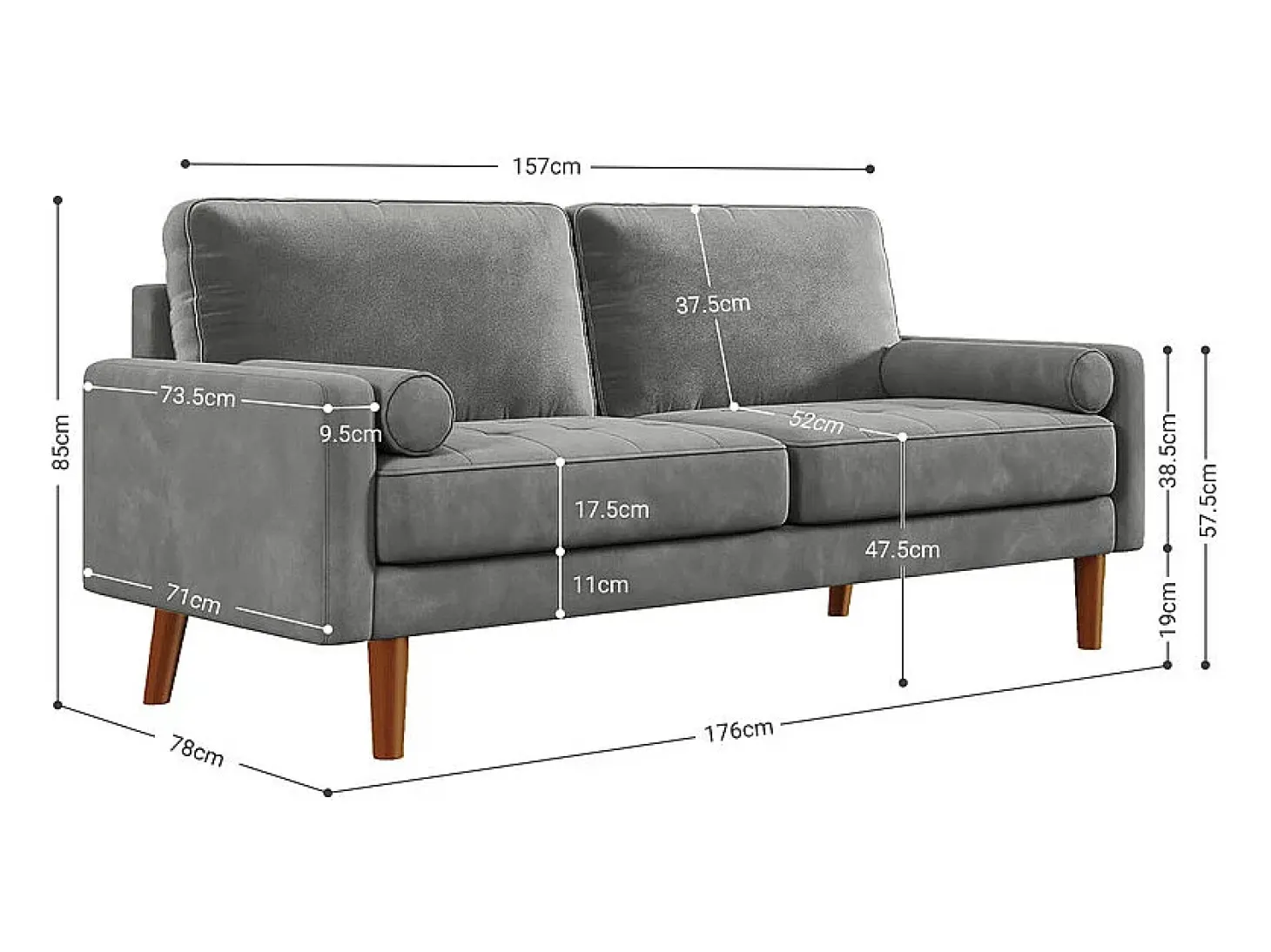 Veludo cinza e sofá de veludo de madeira maciça - 3 lugares - carga máxima 300kg - 176x78x85cm