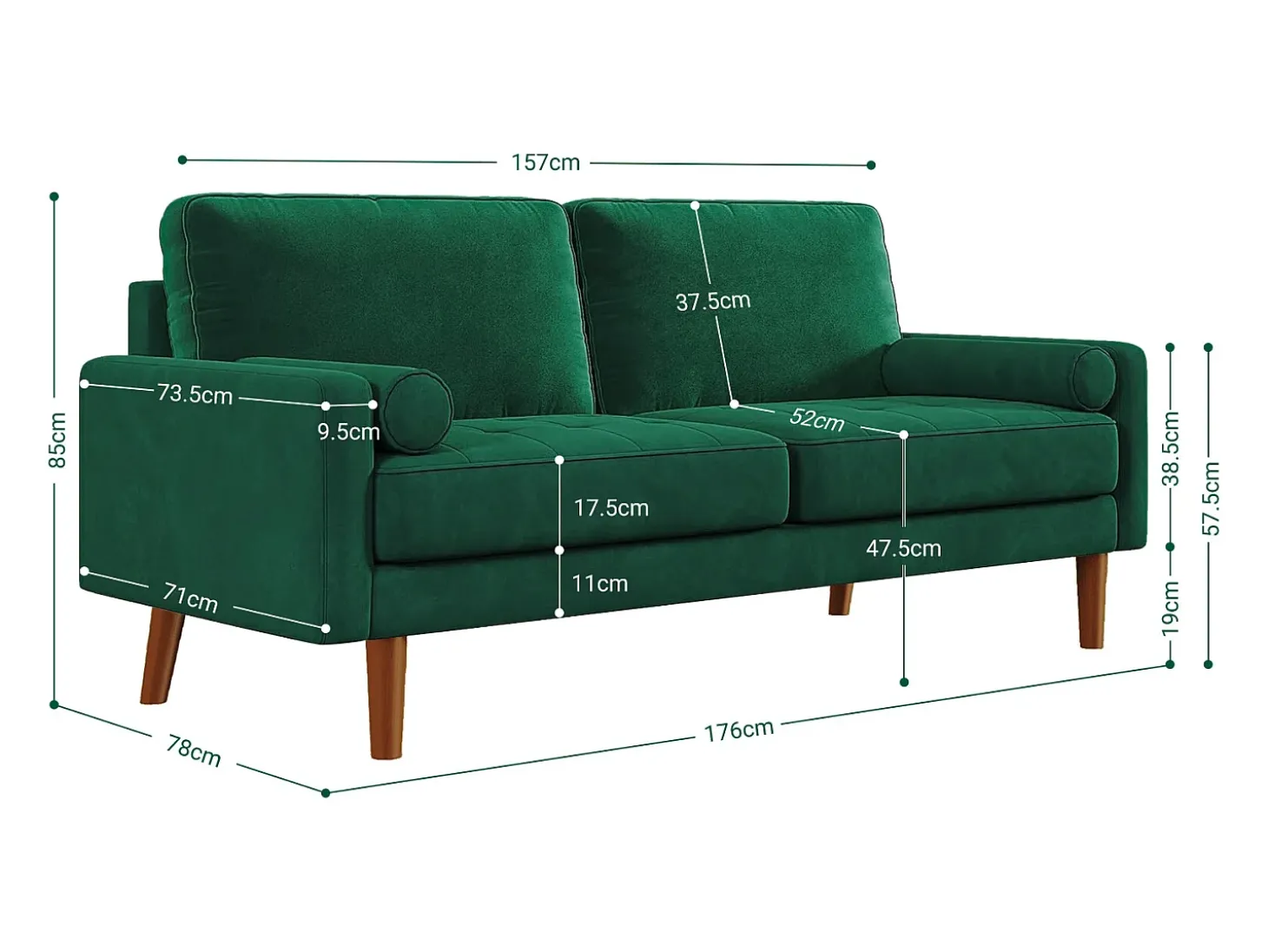 Veludo verde e sofá de veludo sólido - 3 lugares - carga máxima 300kg - 176x78x85cm
