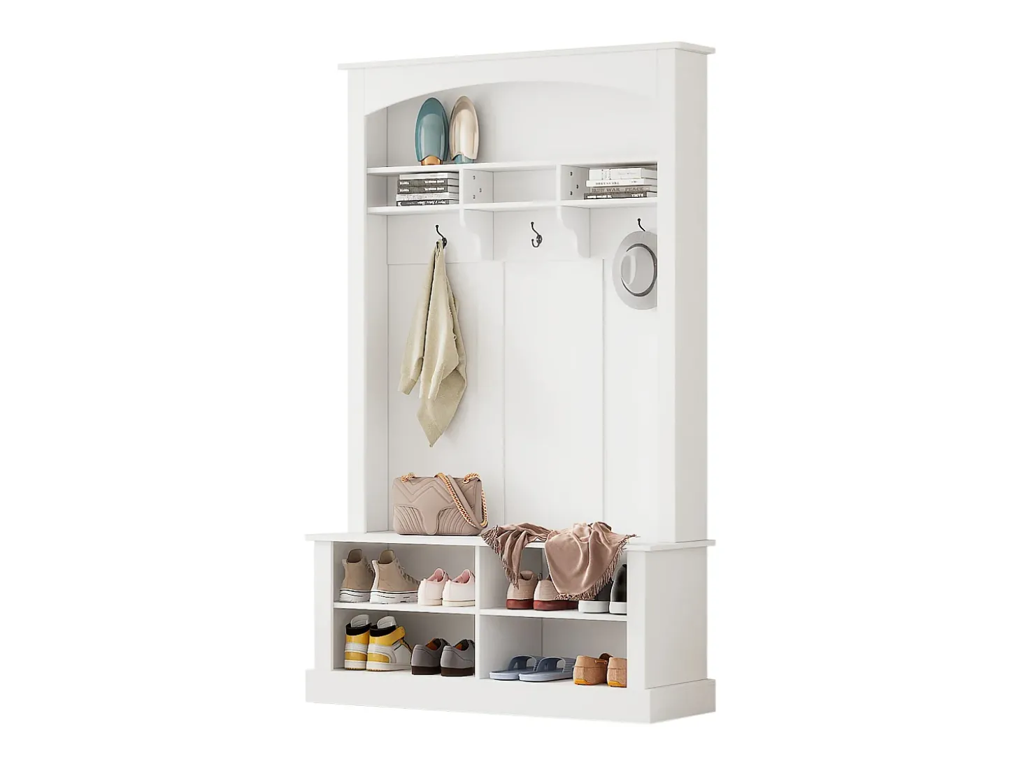 Vestiário branco com banco, sapateira, 3 ganchos e arrumação aberta 120x40x190 cm