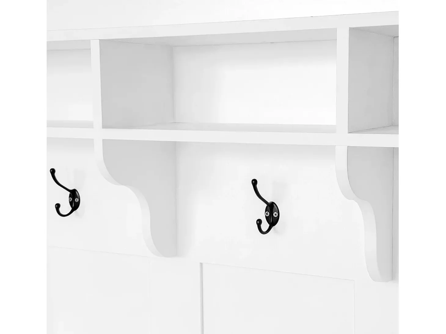 Vestiário branco com banco, sapateira, 3 ganchos e arrumação aberta 120x40x190 cm