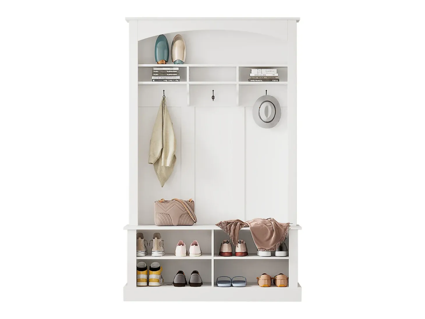 Vestiário branco com banco, sapateira, 3 ganchos e arrumação aberta 120x40x190 cm