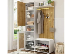 Vestiário com espelho - 110 x 38 x 190 cm - com sapateira + cabideiro + LEDs - MDF - branco
