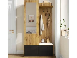 Vestiário com espelho - 100 x 38 x 191 cm - com sapateira + guarda-roupa + 2 portas + banco - MDF - natural