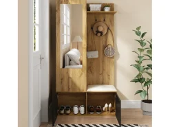 Vestiário com espelho - 100 x 38 x 191 cm - com sapateira + guarda-roupa + 2 portas + banco - MDF - natural
