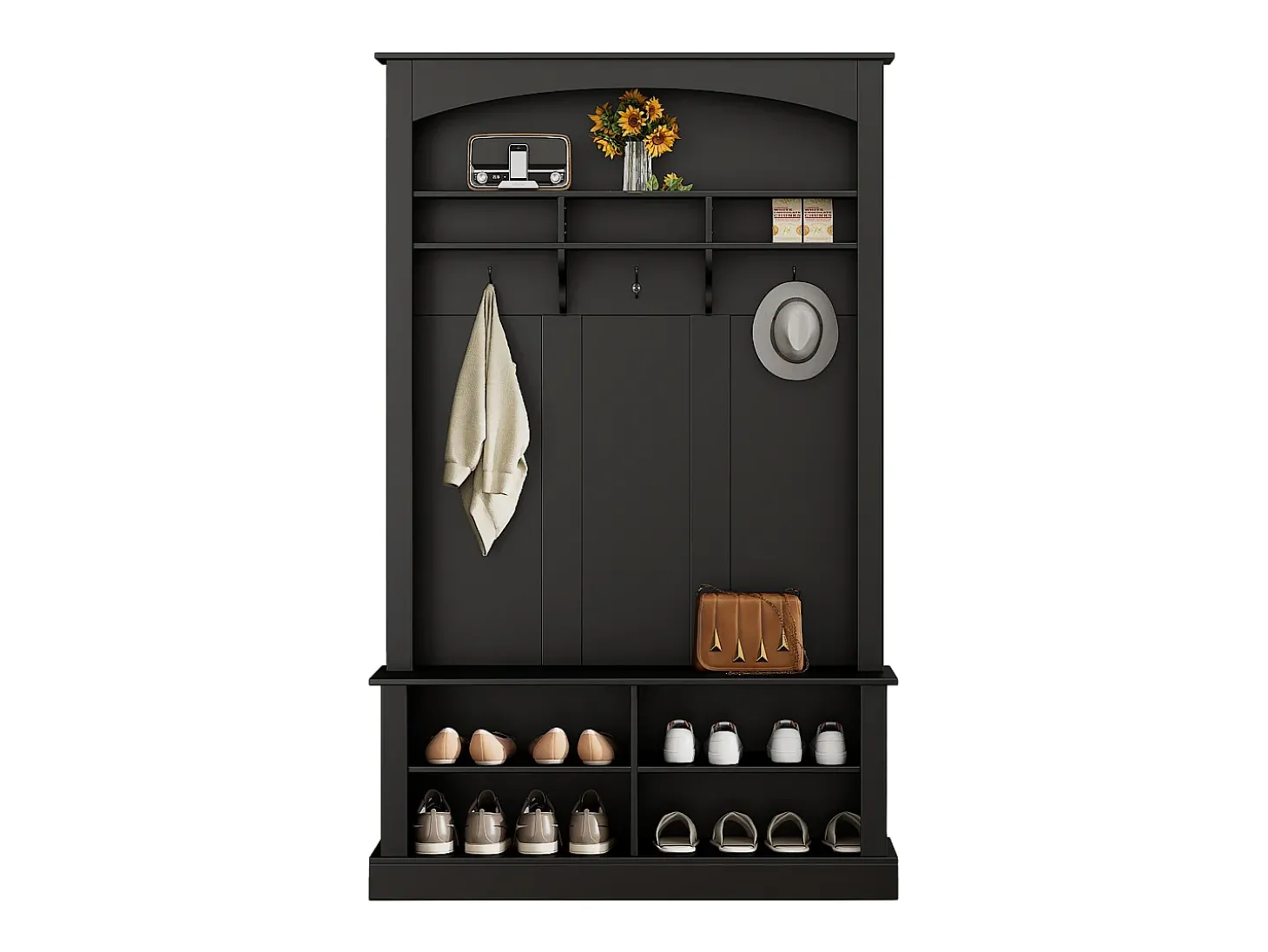 Vestiário preto com banco, sapateira, 3 ganchos e arrumação aberta 120x40x190 cm