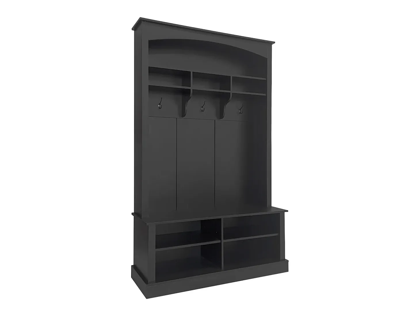 Vestiário preto com banco, sapateira, 3 ganchos e arrumação aberta 120x40x190 cm