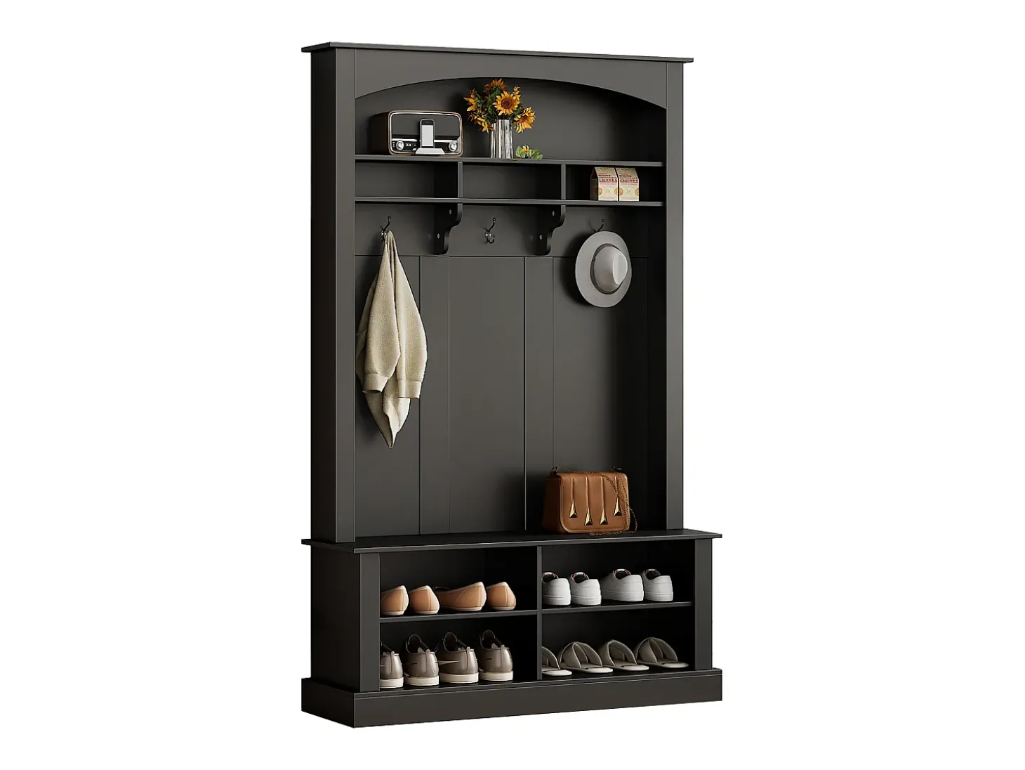 Vestiário preto com banco, sapateira, 3 ganchos e arrumação aberta 120x40x190 cm