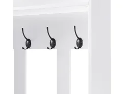 Vestuário de entrada moderno - com 4 ganchos, 1 porta e 2 gavetas - com banco e prateleiras abertas - Branco
