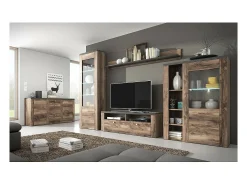 Vitrina alta design com 1 porta, coleção SANTIAGO. Cor nogueira e preto com efeito de madeira.
