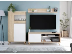 Vitrina Atlanta, Vitrina moderna com 3 portas, Aparador para sala ou lounge, Aparador alto com prateleiras, 77x33h142 cm, Carvalho e Branco