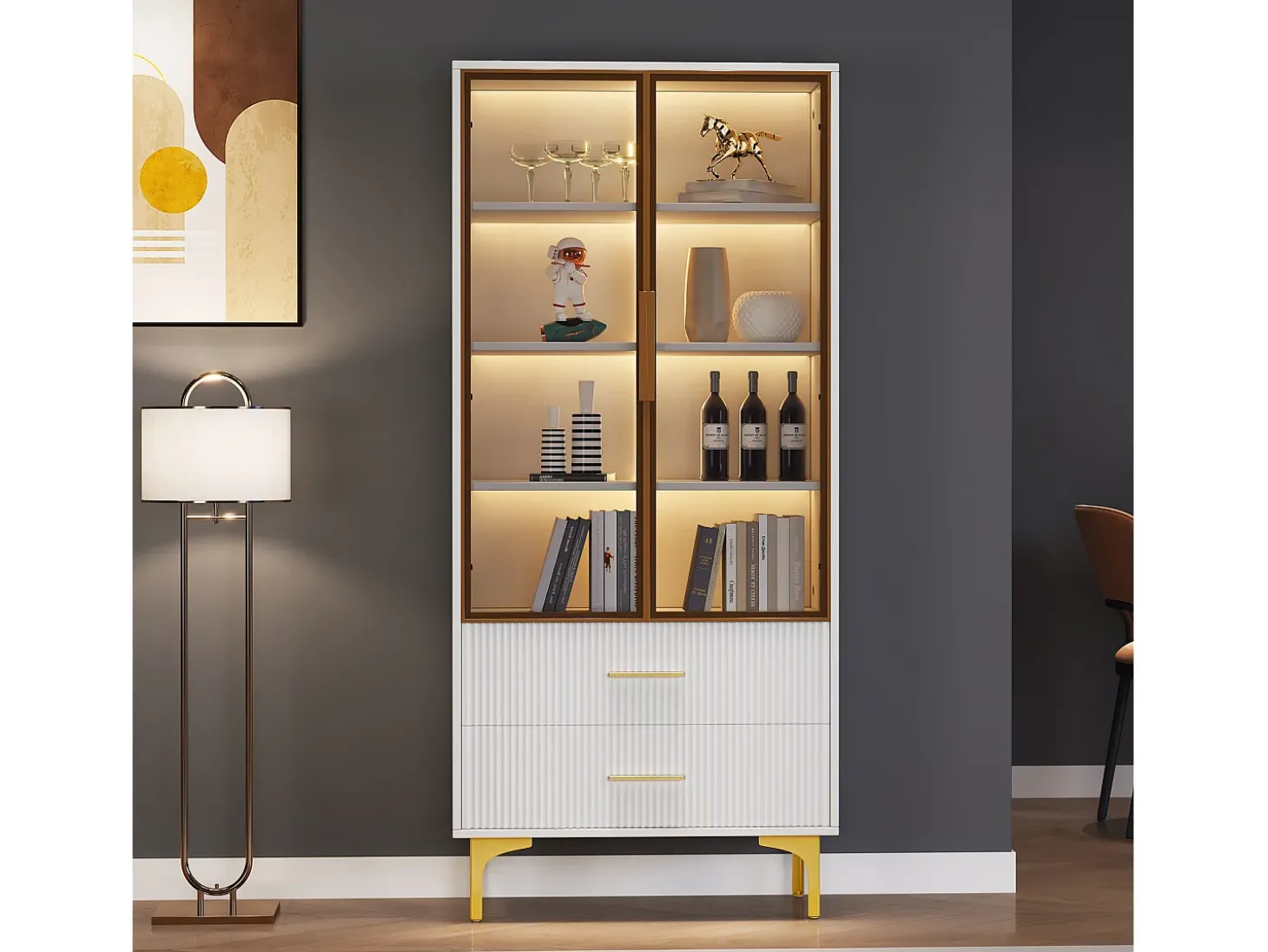 Vitrina com 2 portas de vidro - LEDs - 70 x 35 x 150cm - Aglomerado - Branco