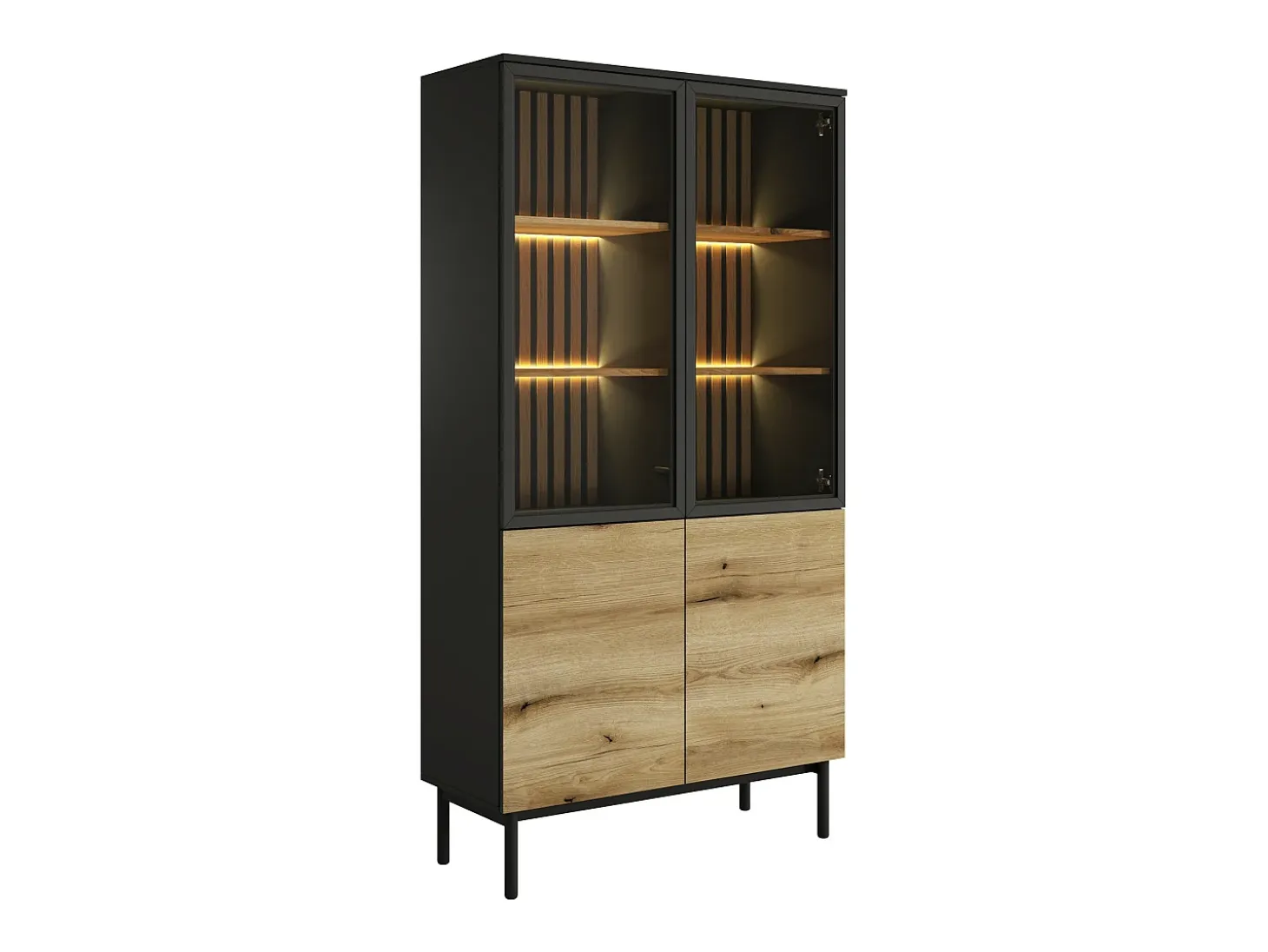 Vitrina com 4 portas e com LEDs cor natural e preto - LABENIA