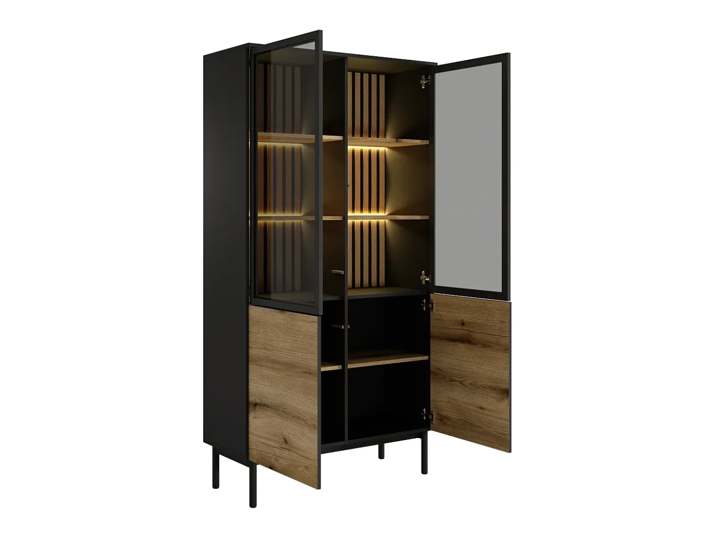 Vitrina com 4 portas e com LEDs cor natural e preto - LABENIA