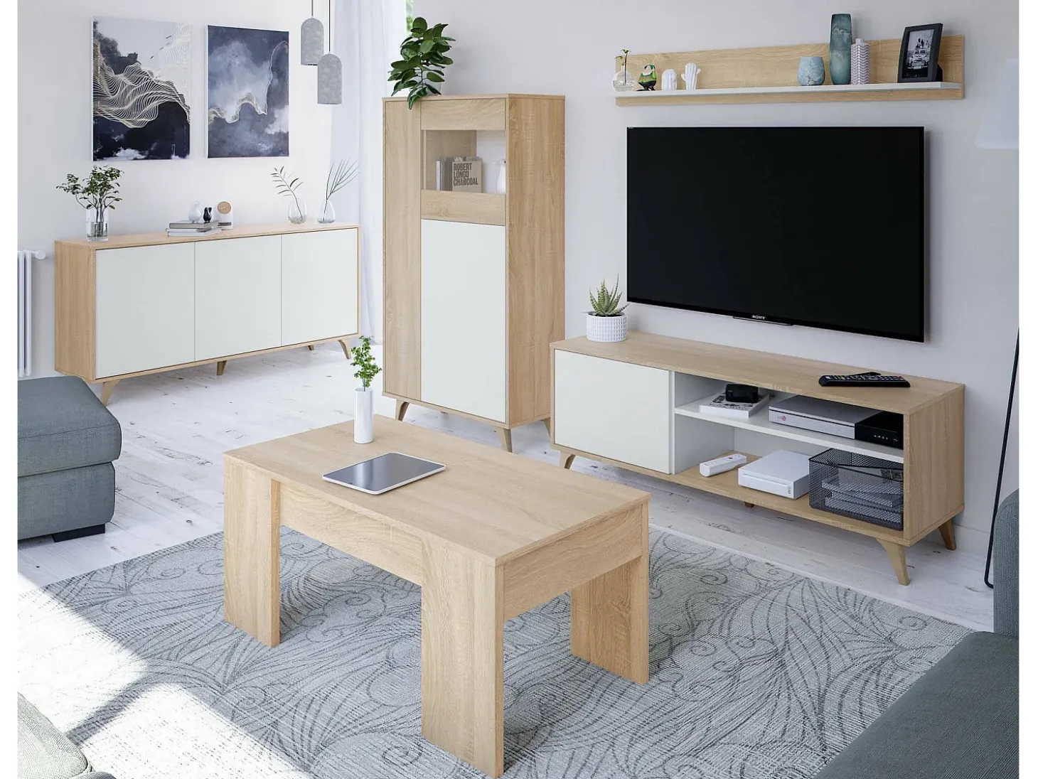 Vitrina Daceved, Vitrina moderna com 3 portas, Aparador para sala ou lounge, Aparador alto com prateleiras, 77x33h142 cm, Carvalho e Branco