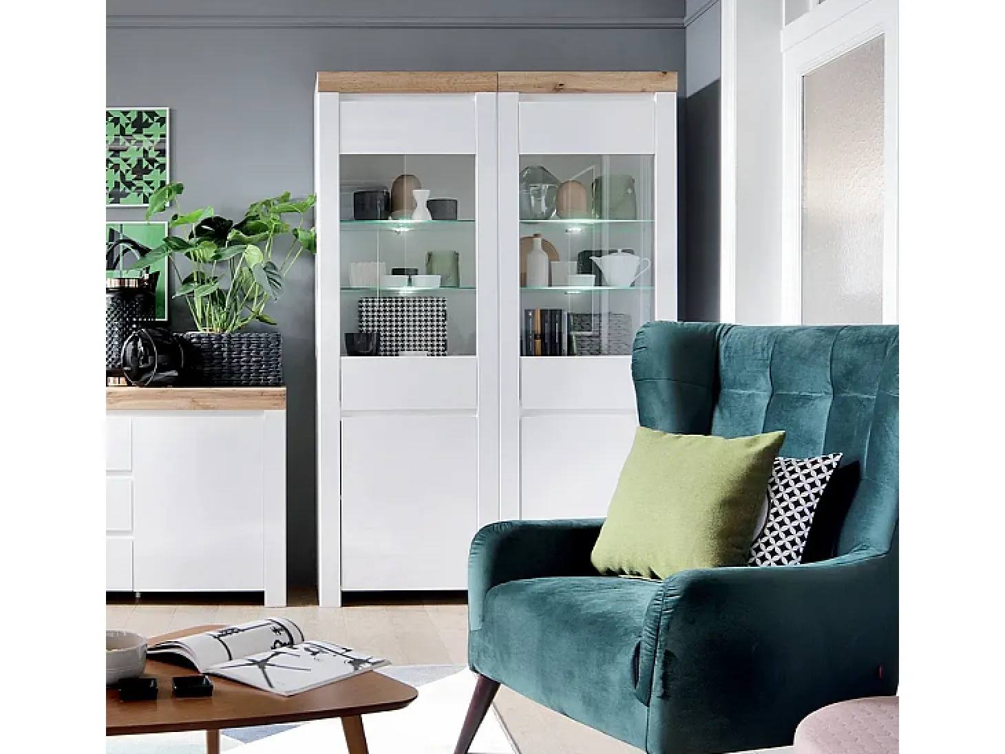 Vitrina de 2 portas Hella Branco e Madeira