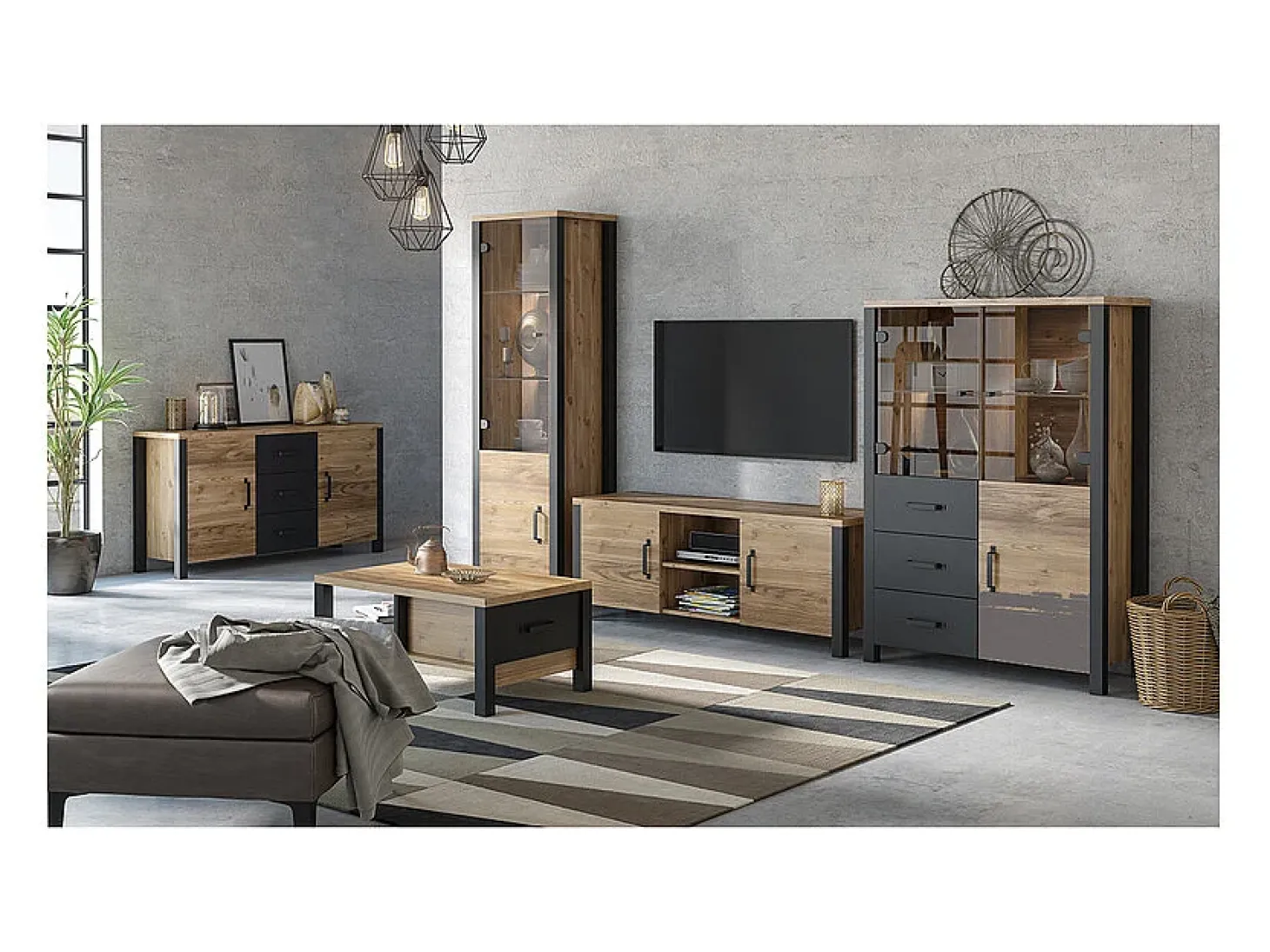 Vitrina de 2 portas Lyam em madeira e preto