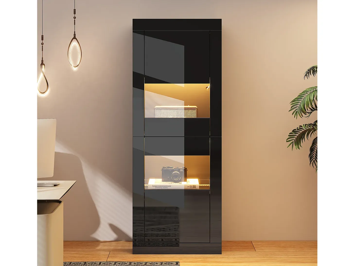 Vitrina envernizada brilhante 61x42x162 cm - con iluminação LED - 2 portas - Prateleiras de vidro ajustáveis - Preto