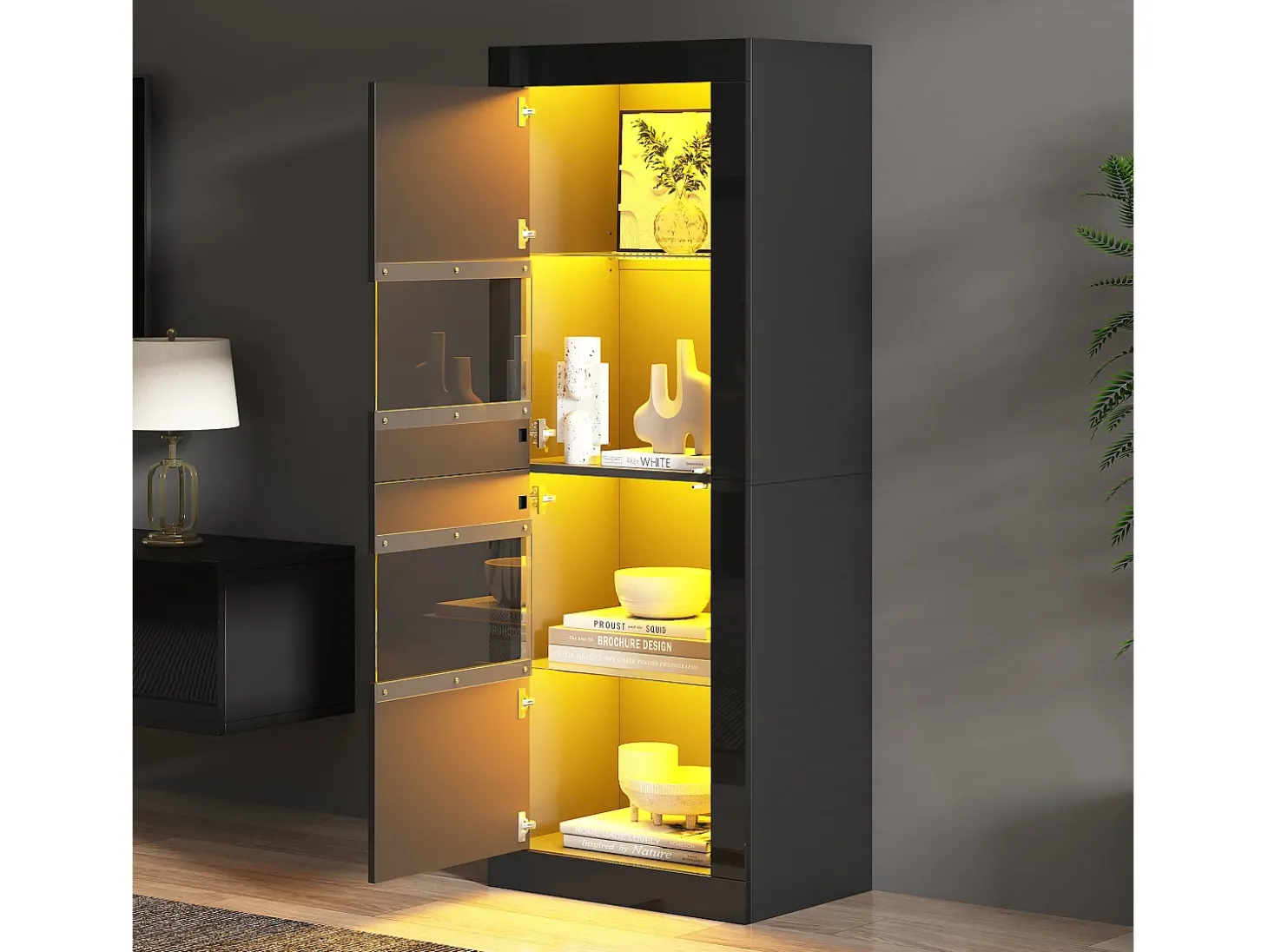 Vitrina envernizada brilhante 61x42x162 cm - con iluminação LED - 2 portas - Prateleiras de vidro ajustáveis - Preto