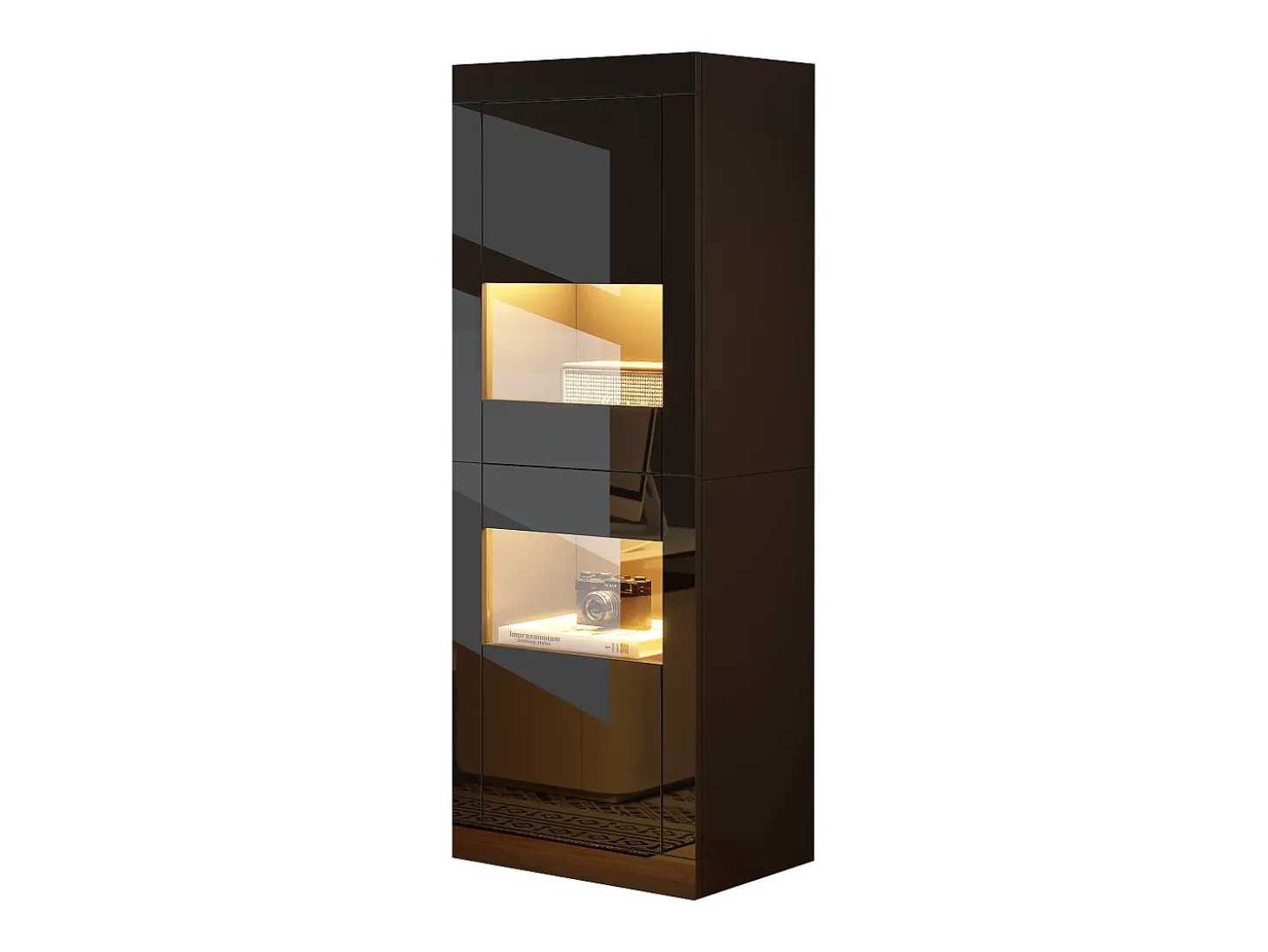 Vitrina envernizada brilhante 61x42x162 cm - con iluminação LED - 2 portas - Prateleiras de vidro ajustáveis - Preto