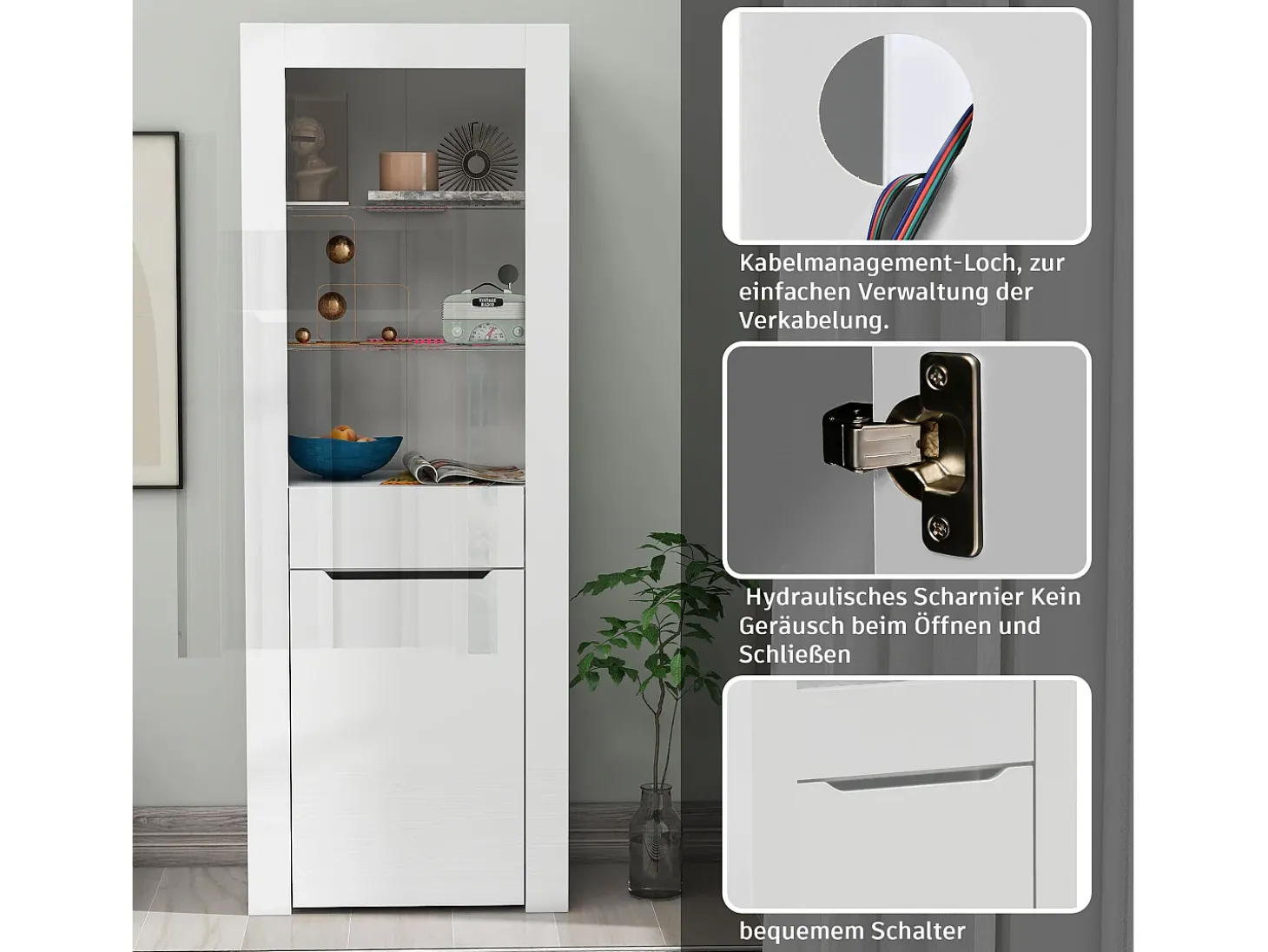 Vitrina moderna com 1 porta e 1 gaveta - LEDs - 3 prateleiras - altura 165 cm - branco brilhante -