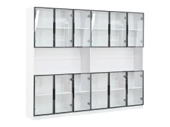 Vitrina moderna 240x34x200 cm - Iluminação LED - 12 portas de vidro - Espaço de armazenamento aberto - MDF - Branco
